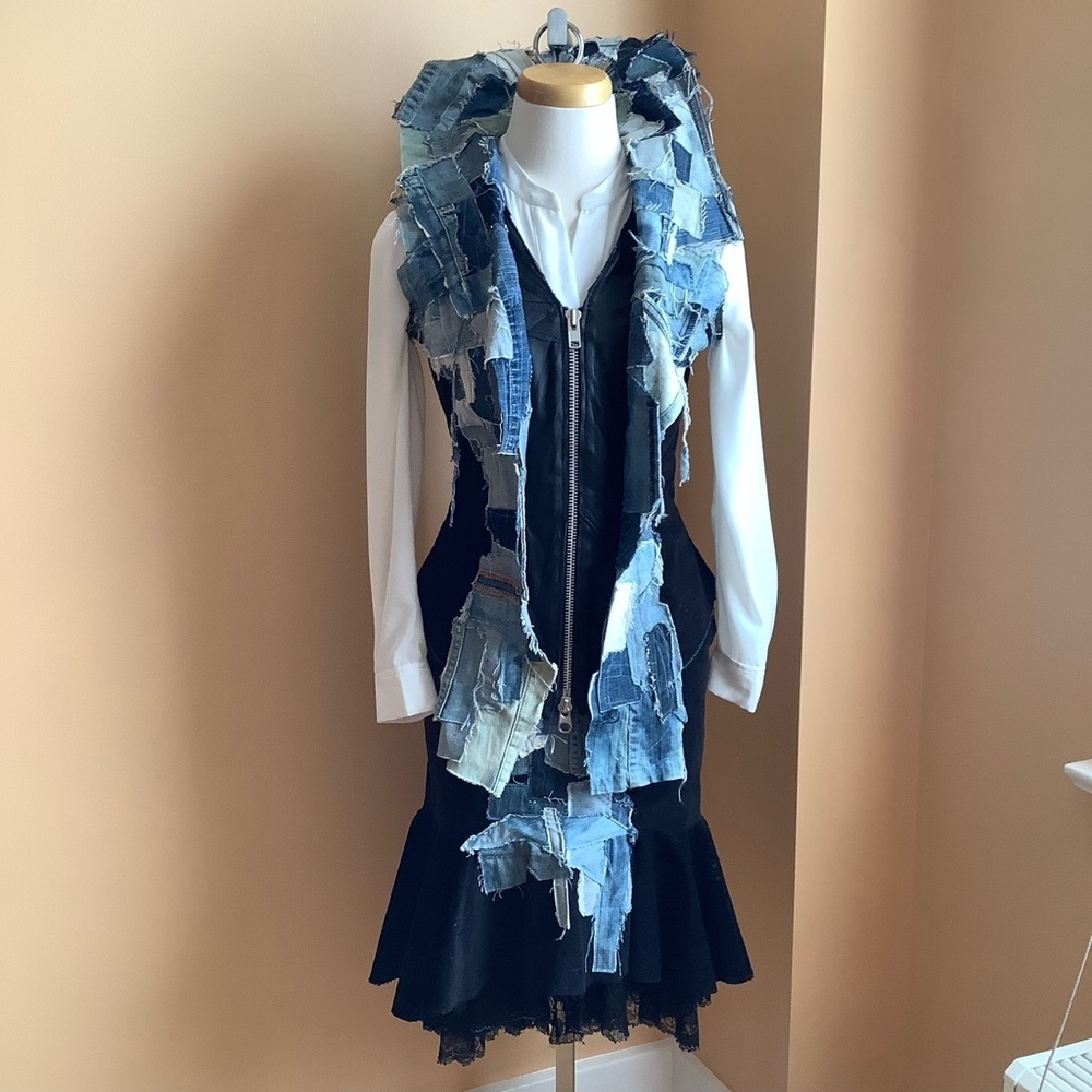 LOVEMATTERS Designer Black Corduroy & Patchwork Denim Hourglass Vest Size S - Picture 16 of 16